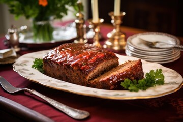  a piece of meatloaf on a plate with garnish and parsley on a table with silverware.