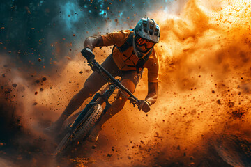 A daring stunt performer navigates through rugged terrain on their offroading bicycle, equipped with a helmet and sports equipment, in an adrenaline-fueled freeride of extreme sports and racing - obrazy, fototapety, plakaty