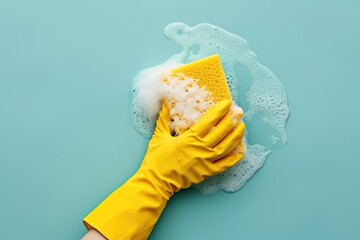 Hand in yellow rubber glove holding cleaning sponge and wiping soapy foam on mint background. Spring cleaning, home cleaning, cleaning service and hygiene concept. Flat lay design for banner, poster