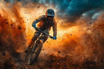 A daring cyclist performs gravity-defying stunts on their bike, deftly maneuvering the rugged terrain with their trusty helmet and handlebars as their only guides - obrazy, fototapety, plakaty