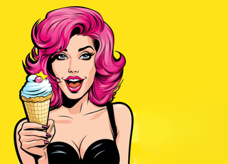 Sexy surprised pop art woman with pink hair, open mouth, eating an ice cream cone isolated on a yellow background. Retro pop art style. horizontal.  - obrazy, fototapety, plakaty