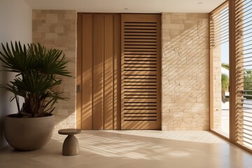 Contemporary Coastal Entryway, Louvered Door, Stone Tiled Floor. Inviting Modern Design for Home Interior, Welcome Atmosphere