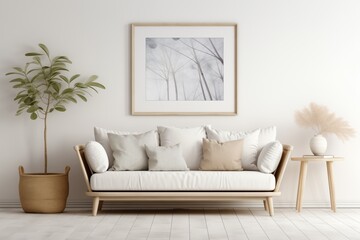 Modern Living Room, Curved Loveseat Sofa, White Wall, Frames, Scandinavian Home Interior Design with Nordic Elegance