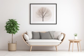 Modern Living Room, Curved Loveseat Sofa Against White Wall with Frames in Scandinavian Home Interior Design