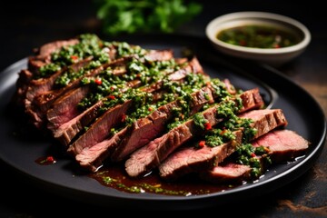  a black plate topped with sliced meat covered in sauce and garnished with green herbs and garnishes.