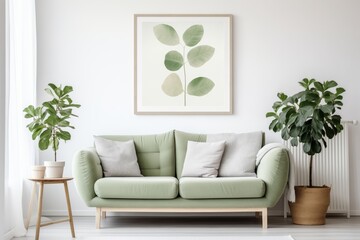 Cute Loveseat Sofa Next to Potted Houseplant Against Wall with Frame Poster in Scandinavian Home Interior Design