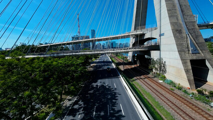 Cable Bridge At Downtown In Sao Paulo Brazil. Radical Flight Under Bridge Symbol Of Sao Paulo. Dangerous Flight Inside Tunnel. Sao Paulo Brazil. Cable Bridge At Downtown In Sao Paulo Brazil.