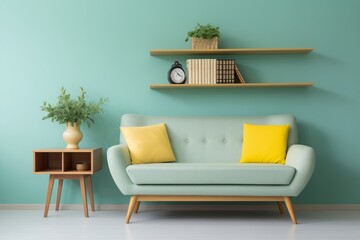 Cute Mint Loveseat Sofa with Yellow Pillow Against Green Wall with Bookcase in Scandinavian, Mid-Century Home Interior Design - obrazy, fototapety, plakaty