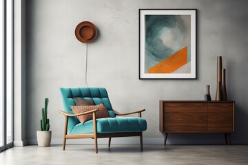 Modern Living Room, Gray Lounge Chair, Teal Sofa, Wall with Big Art Poster, Mid-Century Style Interior Design