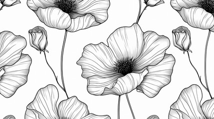 Botanical black line wildflowers seamless wallpaper on a white background