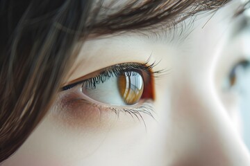 woman shows her asian eyes during the day. womans eye is shown in a close up. beautiful woman with colorful eyes