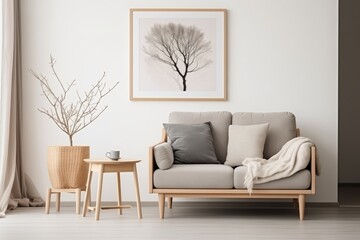 Modern Living Room, Grey Armchair, Beige Loveseat Sofa, White Wall with Poster Frames, Japandi Interior Design