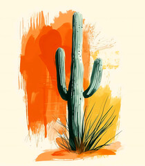 Abstract landscape with saguaro cactus and agave plant. sunset in the Sonoran desert. desert landscape with cactus.