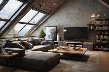 Obraz premium Modern Living Room, Gray Sofa, TV Unit, Loft Interior Design with Industrial Aesthetic