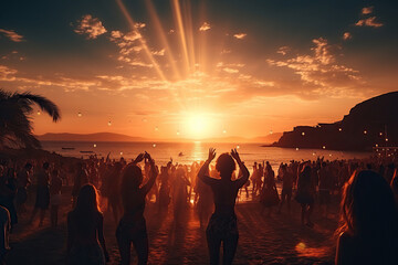 A crowd of people dancing and having fun at a beach party at sunset. Vacation concept. Generated by artificial intelligence - obrazy, fototapety, plakaty