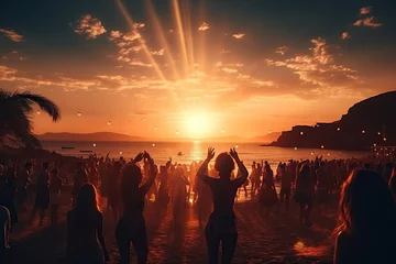 Foto op Canvas A crowd of people dancing and having fun at a beach party at sunset. Vacation concept. Generated by artificial intelligence © Vovmar