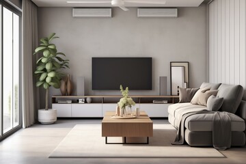 Modern Living Room, Grey Sofa Against TV Unit, Scandinavian Interior Design with Fan Lamp on Ceiling