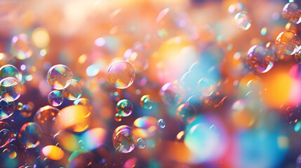 An image of soap bubbles of various sizes and colors with a beautiful bokeh background. - obrazy, fototapety, plakaty