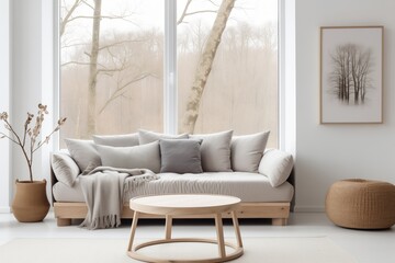 Fototapeta na wymiar Modern Living Room, Grey Sofa, Round Wooden Table, Window, White Wall with Frame, Scandinavian Interior Design