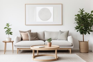 Round coffee table near grey sofa against white wall with art frame. Scandinavian home interior design of modern living room.