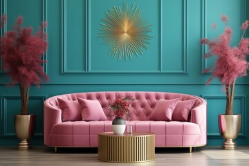 Pink Sofa, Turquoise Chair, Ottoman Against Paneled Wall in Stylish Interior Setting