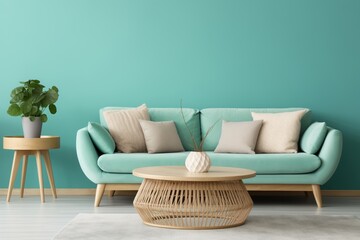 Modern Living Room, Round Wood Coffee Table, Wicker Sofa, Mint Cushions, Turquoise Wall with Copy Space