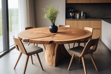 Modern Dining Room, Round Wood Slab Dining Table, Curved Chairs, Japandi Style, Small Space Setting