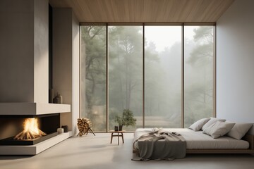 Spacious minimalist room with fireplace and floor to ceiling window with foggy forest view. Scandinavian home interior design of modern living room.