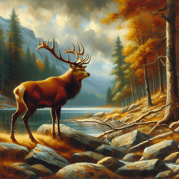 Painting of a Wild Deer Stag with Large Antlers on its' Head Standing Tall by the Rocks by the Edge of a Spring Lake in the Nature Forest in the Autumn Season on Cloudy Day Natural Habitat Elk Animal