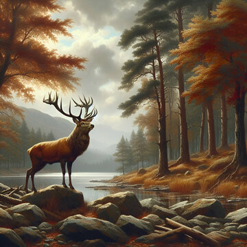 Painting of a Wild Deer Stag with Large Antlers on its' Head Standing Tall by the Rocks by the Edge of a Spring Lake in the Nature Forest in the Autumn Season on Cloudy Day Natural Habitat Elk Animal