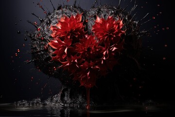  a heart - shaped arrangement of red flowers floating in a body of water with splashes of water around it.