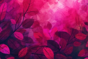  a painting of pink and purple leaves on a pink and purple background with a red and pink sky in the background.