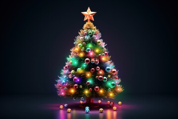  a brightly lit christmas tree on a dark background with a star on top of the top of the christmas tree.