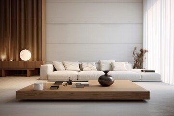  a living room with a white couch and a wooden coffee table with a vase on top of it in front of a white wall.