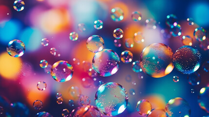 Obraz na płótnie Canvas An image of soap bubbles of various sizes and colors with a beautiful bokeh background. Generative AI