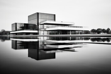  a black and white photo of a building next to a body of water with a reflection of the building in the water.