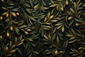  a close up of leaves and olives on a black background with a gold leaf pattern on the left side of the image.