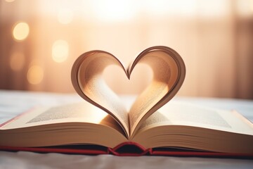  an open book with a heart shape cut out of it on top of a bed in front of a window. - obrazy, fototapety, plakaty