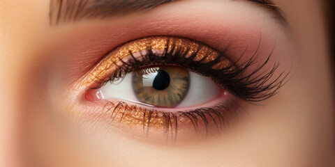 Obraz premium A single woman eye, featuring a blend of green and brown, is framed by peach fuzz colour eyeshadow and full lashes. Idea for makeup or lash extension advertisement