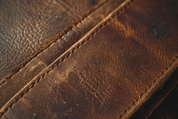 Old brown leather wallet on a wooden table, shallow depth of field. A macro shot of a worn leather wallet, showcasing the intricate details of creases and patina.