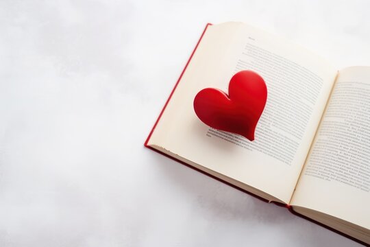  an open book with a red heart cut out of it's pages on top of a white countertop.