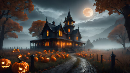 Pumpkins and haunted mansion, Halloween background, AI generated illustration