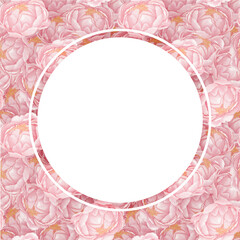 Round frame on background with watercolour pink peonies.