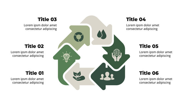 Ecology infographic. Sustainable home. Renewable energy. 6 steps parts arrows diagram. Green house. Environment care. Recycling innovation. Eco friendly building. Nature icon logo. Smart technology