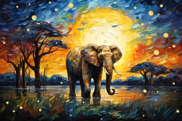  a painting of an elephant standing in the middle of a body of water with trees and a bright sun in the background.