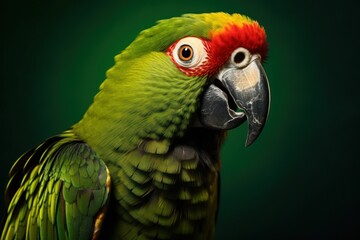  a close up of a green parrot with a red head and yellow and orange feathers on it's head.