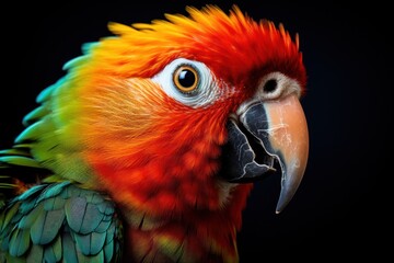  a close - up of a colorful parrot's face on a black background with a bright red, yellow, and green parrot's beak.