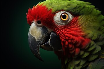  a close up of a parrot's head with a green and red feathers and a black back ground with a green back ground.