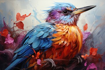  a painting of a colorful bird sitting on a branch with red and blue leaves on it's back end.