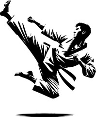 silhouette of a karate person. Taekwondo martial arts. Man with high kick 